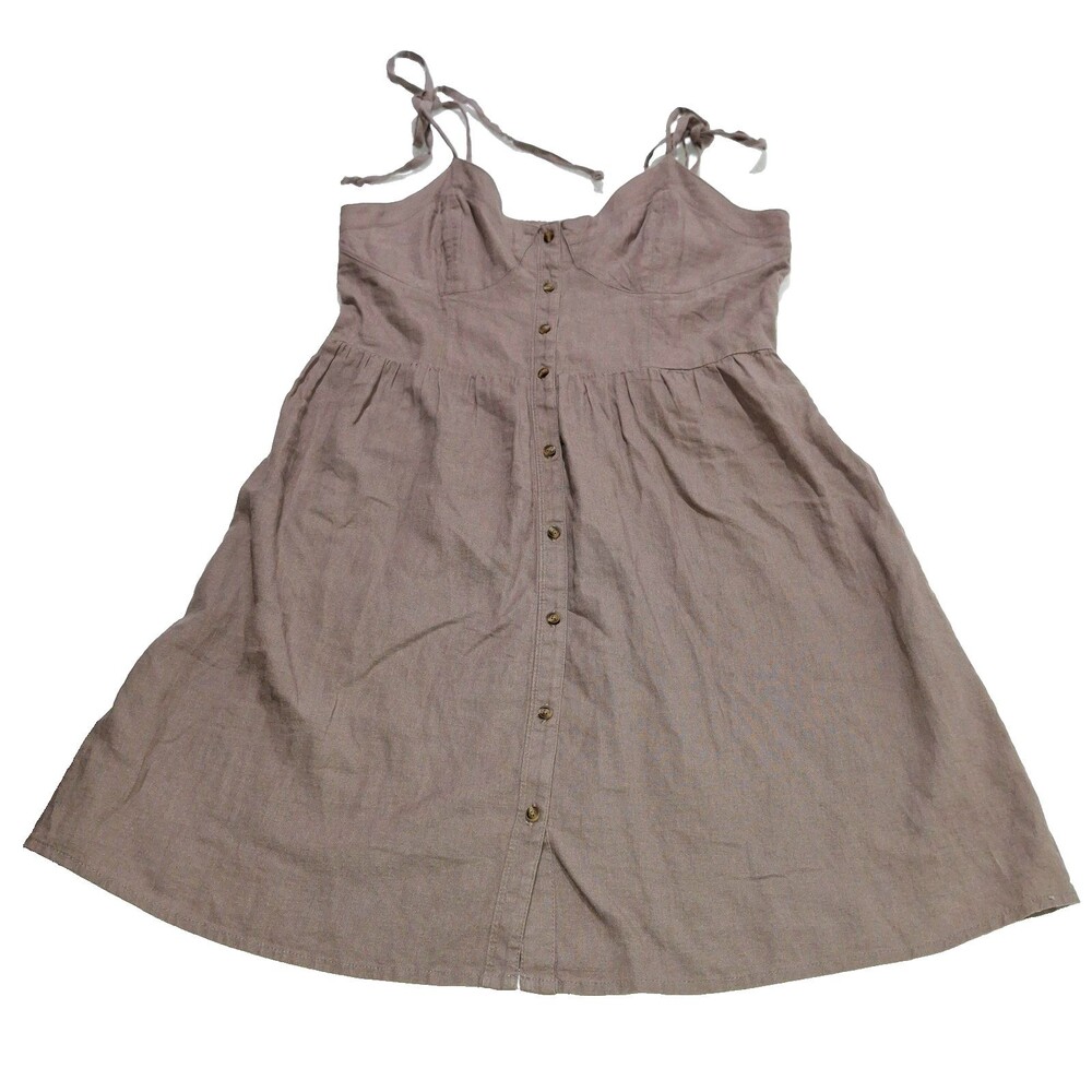 Aerie Brown Linen Blend Tie Shoulder Corset Button Front Short Sundress SZ Small